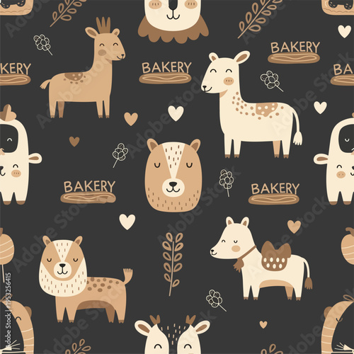Seamless pattern of cute cartoon farm animals and bakery text on dark background with hearts and leaves in warm earthy tones.