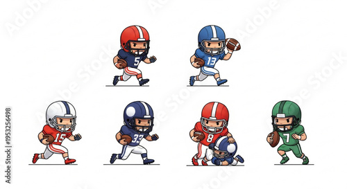 American Football Player Cartoon Characters Set, Chibi Athletes Clipart