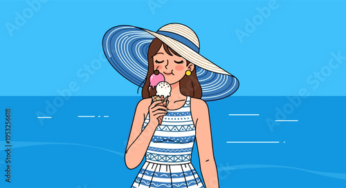 Woman eating ice cream by the sea in sunny summer day