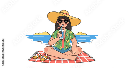 Woman sitting on beach mat drinking cold beverage summer vacation
