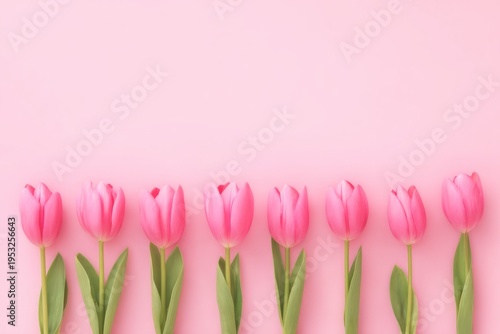 beautiful pink tulip flowers on a pastel background, a flat lay top view with...