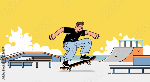 Young man skateboarding at skatepark performing trick in summer