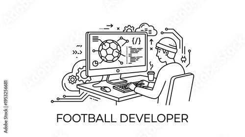 Football Developer Working on Computer in Outline