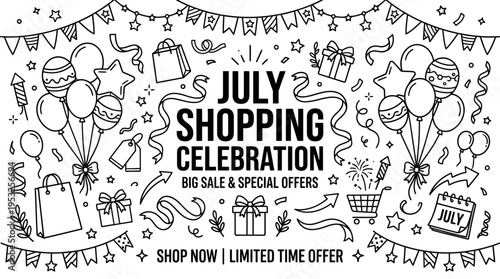 July Shopping Celebration Banner in Black and White
