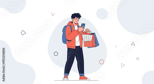 Young Man with Shopping Bags and Backpack Using Smartphone, Online Shopping Concept