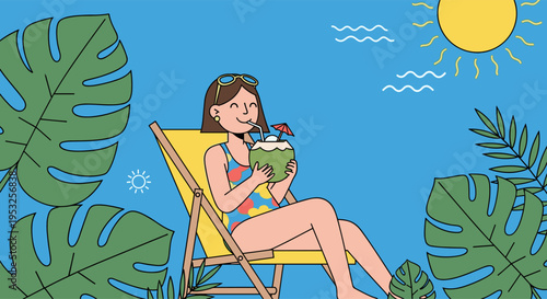 Woman drinking coconut while relaxing on beach chair in summer