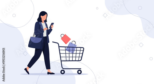Woman with shopping cart and phone, online shopping concept
