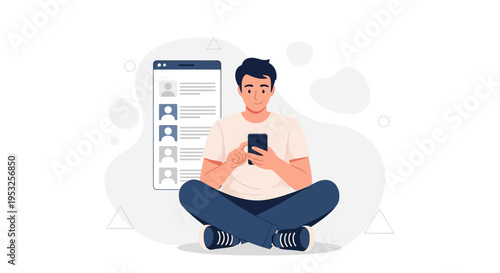 Young man using smartphone, sitting cross-legged with social media profile list on screen