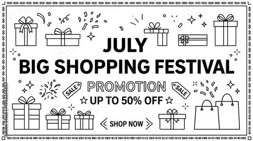 July Big Shopping Festival Banner with Gift Boxes and Sale Tags