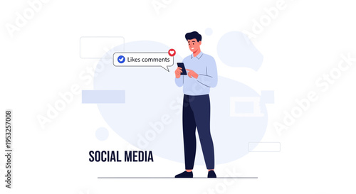 Man using smartphone, social media notification, likes and comments, online communication concept