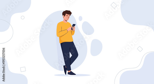 Young man in yellow shirt using smartphone, leaning against abstract shape, flat illustration
