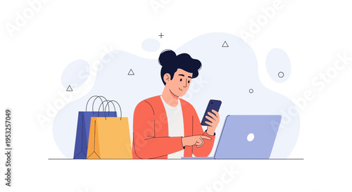 Person shopping online using laptop and smartphone with shopping bags nearby