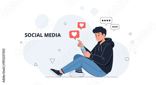 Young man using smartphone, social media, likes and messages icons, flat illustration