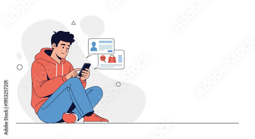 Young man using smartphone for online shopping and communication, flat design illustration