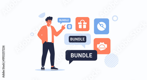Man presenting bundle offers with icons for discount, digital product, and services
