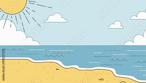 Sunny beach landscape with ocean waves and blue sky summer illustration