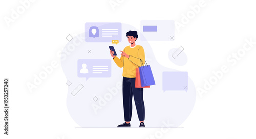 Man with shopping bags using smartphone, online shopping, communication, modern lifestyle
