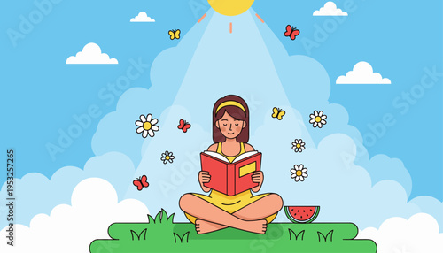 Girl reading book outdoors under sunlight with flowers around