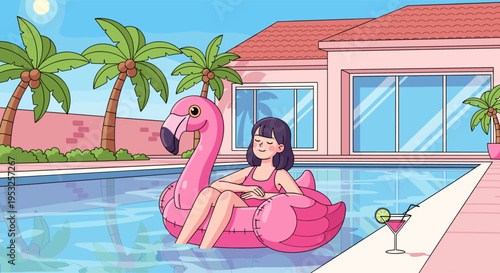 Woman relaxing on flamingo float in pool summer vacation illustration