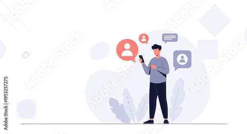 Man using smartphone with social media notifications and chat bubbles, modern flat illustration