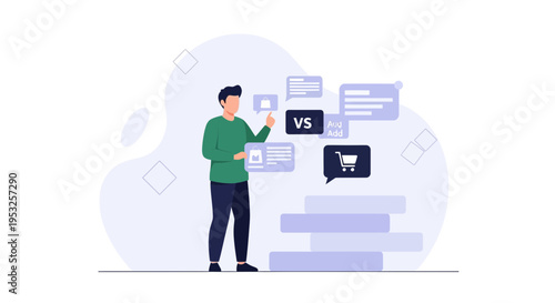 Man comparing online shopping vs physical store, business concept