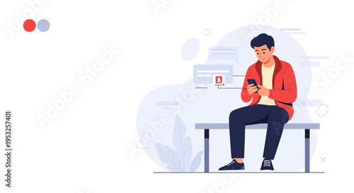 Young man sitting on bench, looking at smartphone, modern illustration, waiting concept