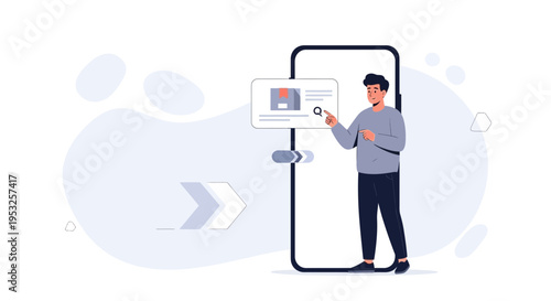 Man Interacting with Mobile App Interface, Digital Search and Online Shopping Concept