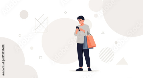 Man with Shopping Bags Using Smartphone, Online Shopping Concept