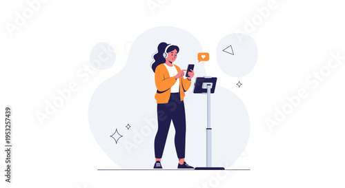 Woman with headphones using smartphone and tablet at stand, modern flat illustration