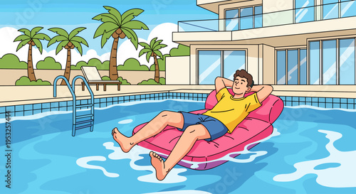 Man relaxing on inflatable float in swimming pool summer lifestyle