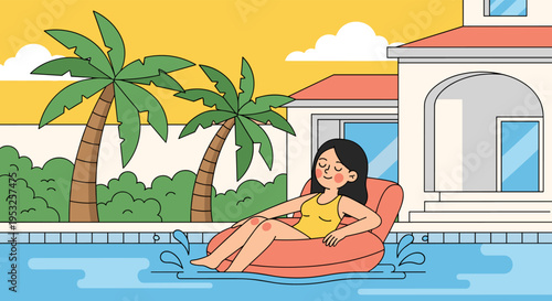 Woman relaxing on inflatable float in pool at tropical house