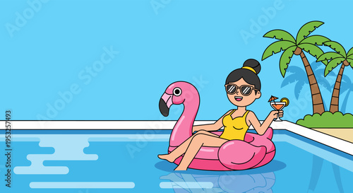 Woman relaxing on flamingo float in pool with cocktail summer illustration