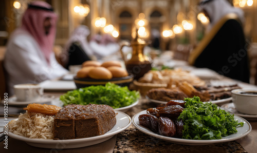 Traditional Saudi banquet table with rice, dates, grilled meat and fresh greens served in ornate dining hall with guests in traditional attire enjoying festive meal