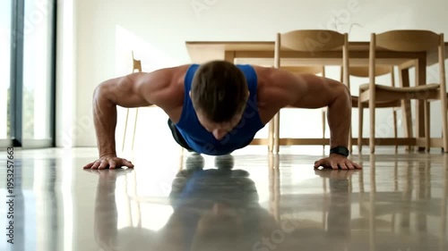 Man doing push ups with dumbbells.