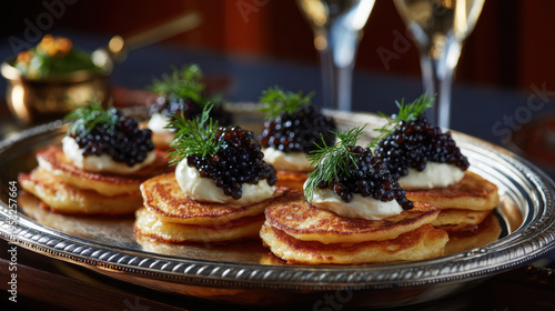 Fluffy potato blini topped with cream and black caviar garnished with fresh dill served on silver tray for elegant appetizer presentation