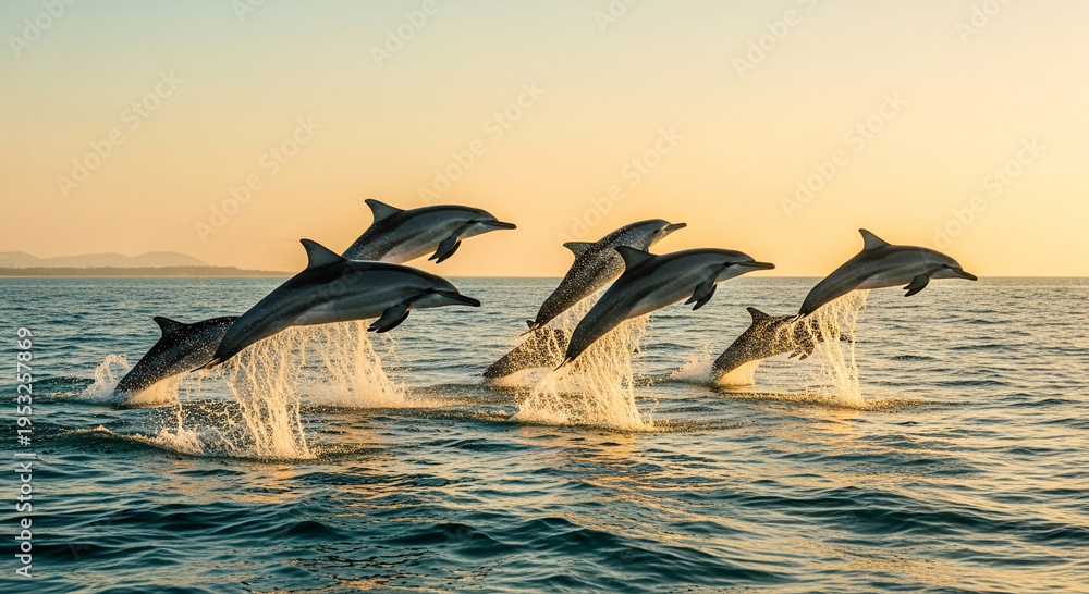 Fototapeta premium Dolphins Leaping Joyfully from Ocean Waves at Sunset