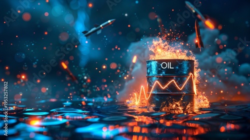 Wallpaper Mural Geopolitical energy crisis  oil price surge amid conflict with explosions and stormy skies Torontodigital.ca