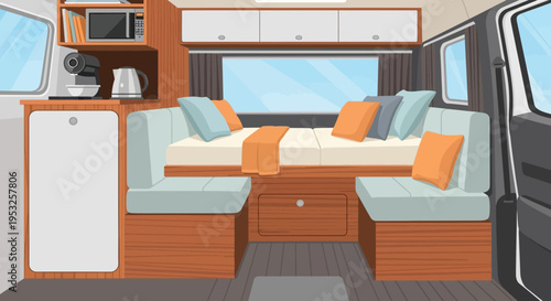 Camper van interior with kitchenette and sofa bed