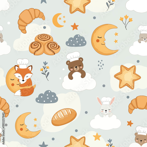 Whimsical pattern of cartoon animals and baked goods on a light blue background with clouds, stars, and moons in a playful and dreamy composition.