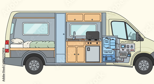 Campervan interior with kitchen and utility systems