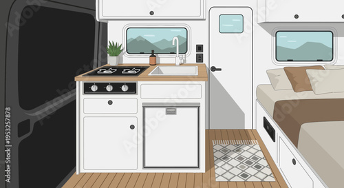 Cozy camper van interior with kitchenette and bed