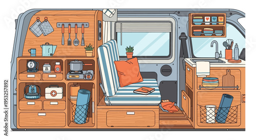 Cozy camper van interior with kitchenette and seating area