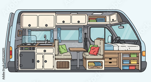 Campervan interior with kitchenette and bed