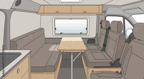 Camper van interior with table and seating area