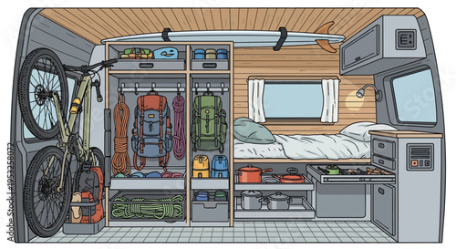Camper van interior with bicycle and outdoor gear