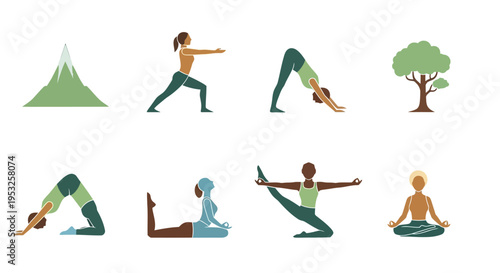 Comprehensive Yoga Poses Vector Illustration Set Featuring Various Asanas Icons Like Downward Dog and Warrior Pose with Nature Elements Like Mountain and Tree.