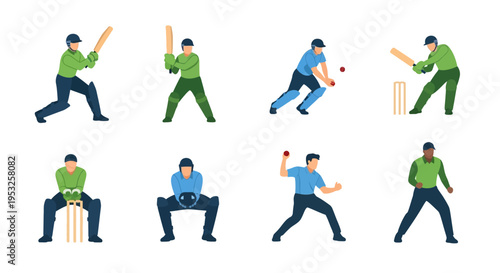 Cricket Players Vector Illustration Set. Minimalist Flat Design Athletes in Various Poses like Batting, Bowling, Fielding, and Wicketkeeping. Sport Elements.