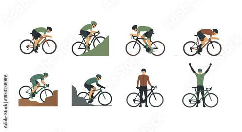 Vector Illustration Set of Professional Male Cyclists Riding Road Bikes, Climbing Steep Hills, Descending, and Celebrating Victory in a Clean Flat Art Style.