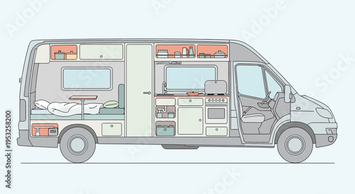 Camper van interior with kitchen and bedroom