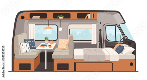 Cozy camper van interior with comfortable seating and bed
